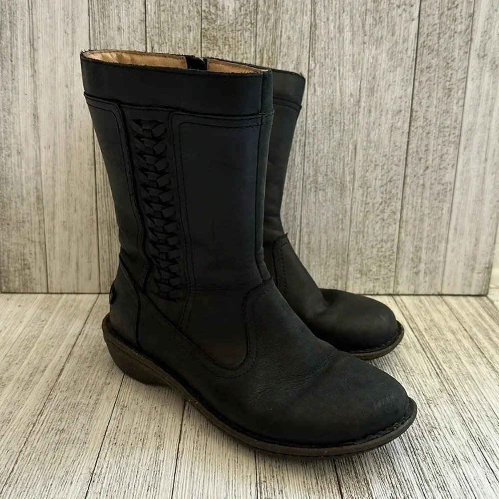 UGG Black Leather Mid Calf Wool Lined Side Zip Braid Detail Kaleen Boots